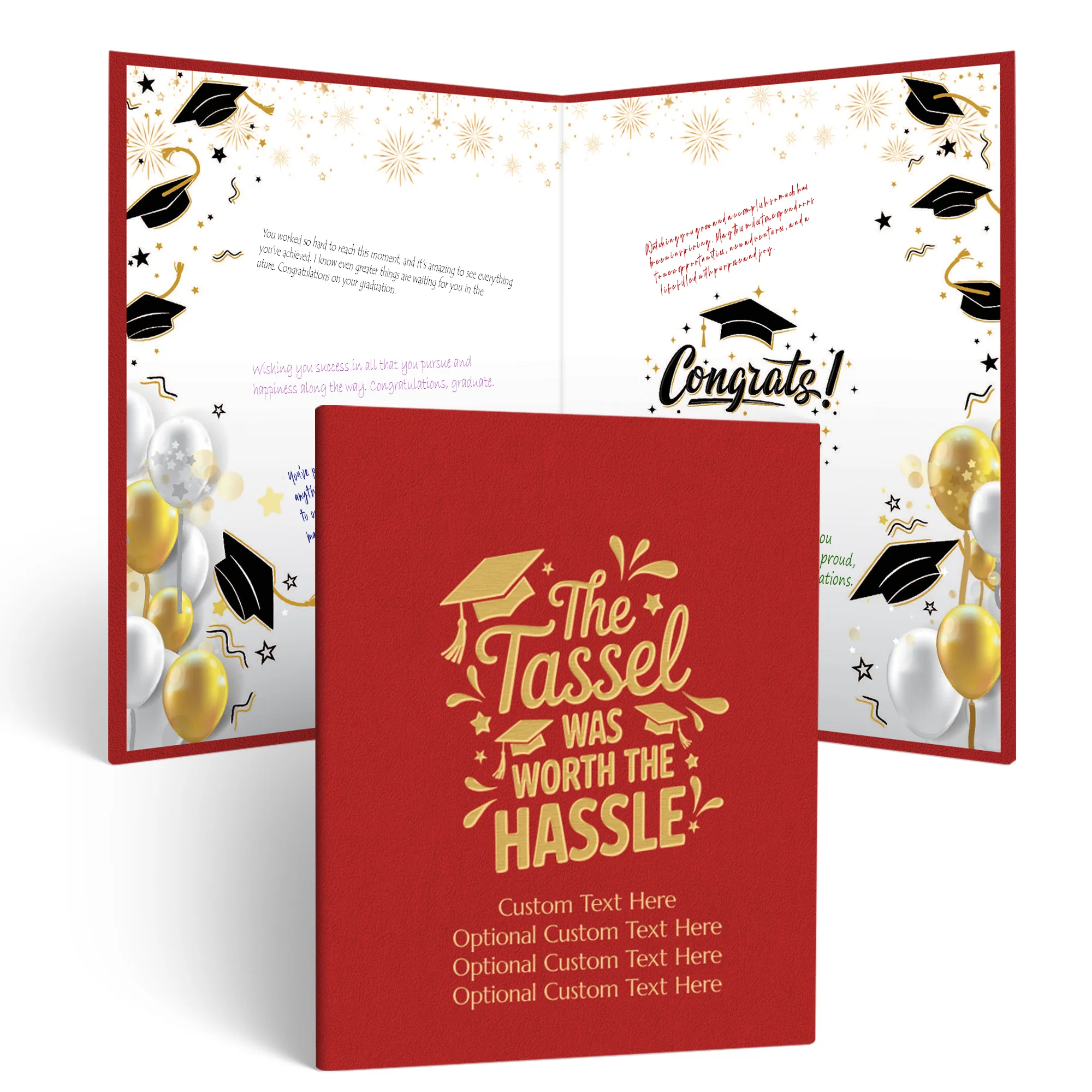 Red and gold graduation guestbook with a textured cover reading “The Tassel Was Worth The Hassle” and customizable lines “Custom Text Here Optional Custom Text Here Optional Custom Text Here Optional Custom Text Here.” Inside, the grad party guestbook sho